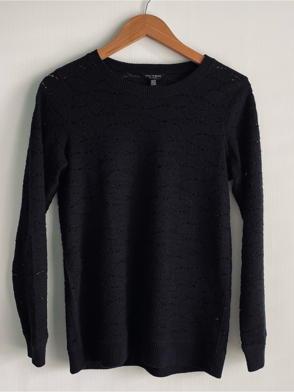Lucky Brand Black Crewneck Knit Sweater lace like pattern